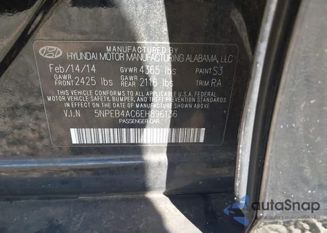 2014 Hyundai Sonata Gls z USA, uszkodzony, nr VIN 5NPEB4AC6EH896136